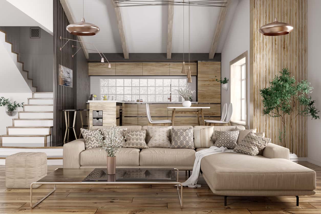 Interior of modern living room and kitchen 3d rendering